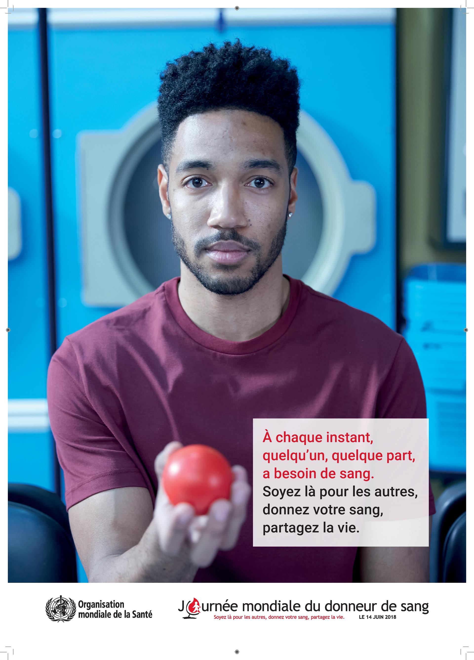 Affiche de la journée mondiale du doneur de sang 2018 : donnez votre sang, partagez la vie