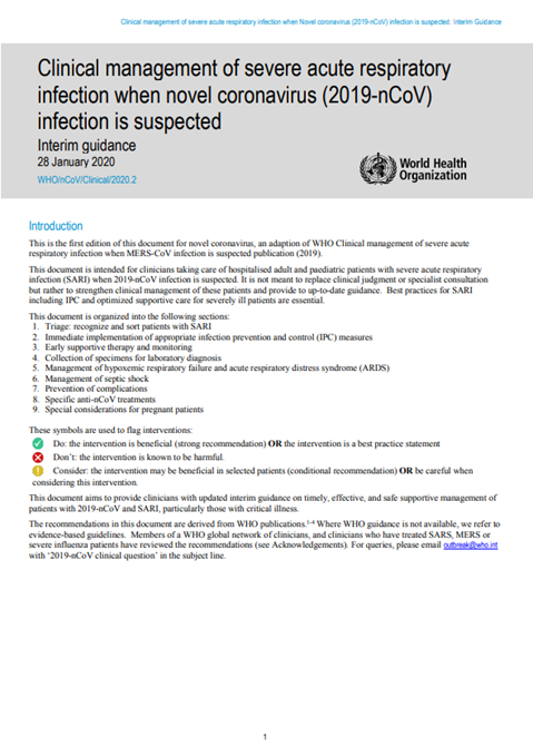 Clinical management of severe acute respiratory infection when novel coronavirus (nCoV) infection is suspected