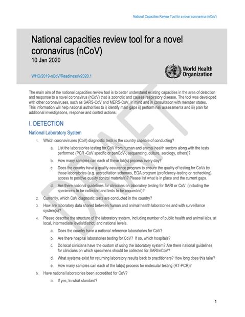 National capacities review tool for a novelcoronavirus