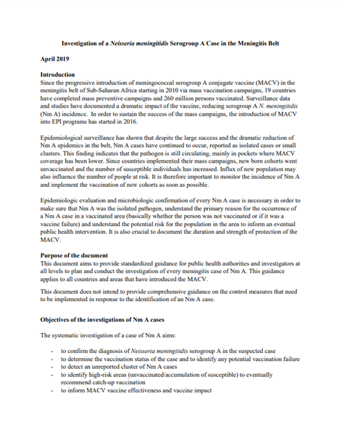 Investigation of a Neisseria meningitid is Serogroup A Case in the Meningitis Belt