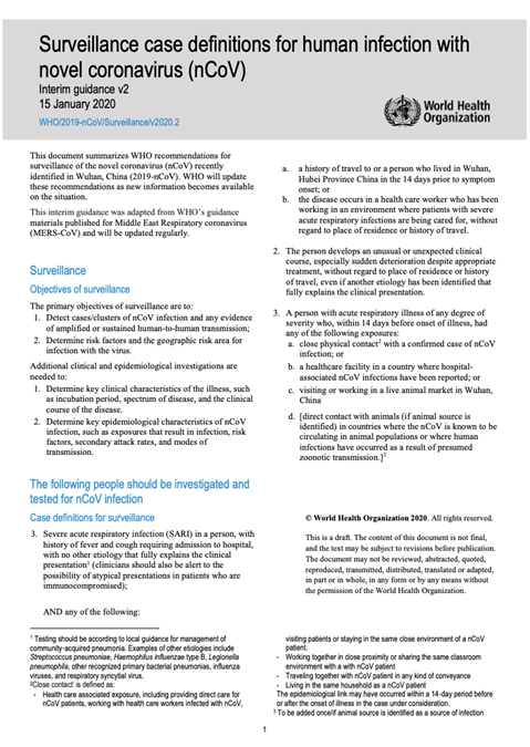 Surveillance case definitions for human infection with novel coronavirus (nCoV)