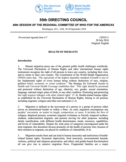 Health of migrants: PAHO resolution (CD55/11)