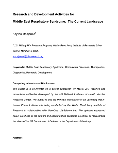 Research and Development Activities for Middle East Respiratory Syndrome: The Current Landscape