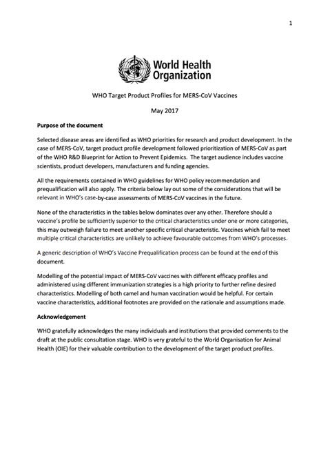 WHO Target Product Profiles for MERS-CoV Vaccines