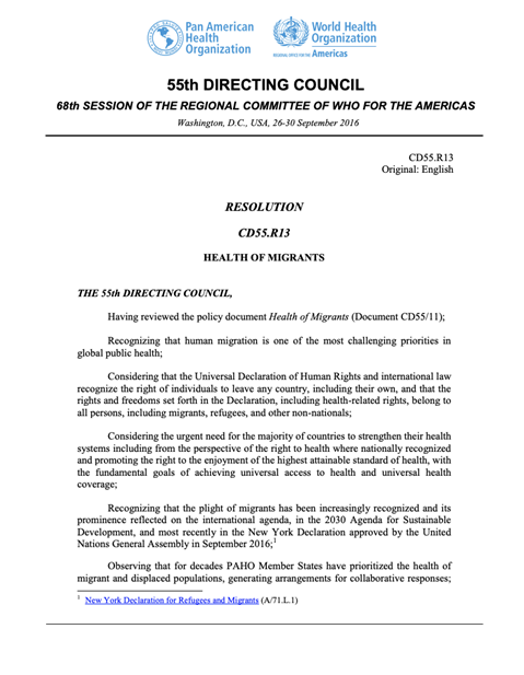 PAHO Resolution CD55.R13 Health of Migrants