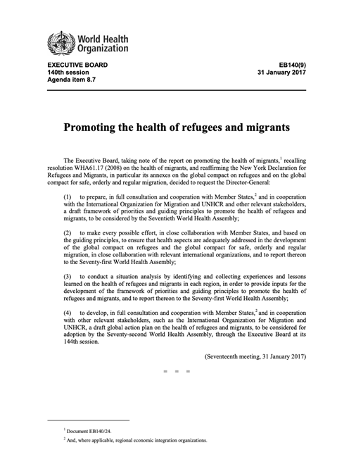 Promoting the health of refugees: 140th Executive Board Decision
