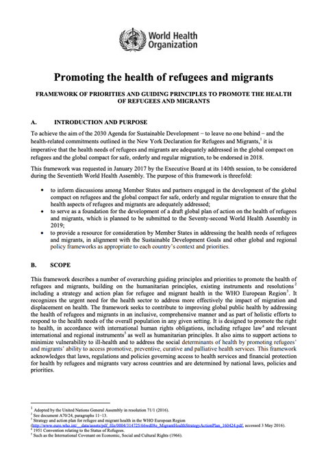 Promoting the health of refugees and migrants: Framework of priorities and guiding principles