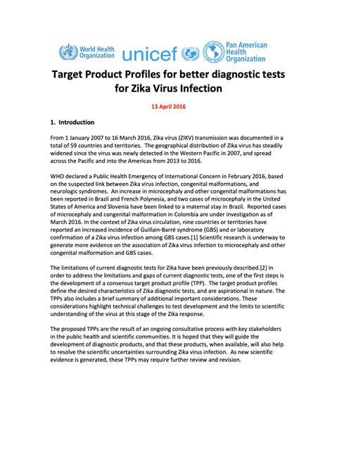 Target Product Profiles for better diagnostic tests for Zika Virus Infection