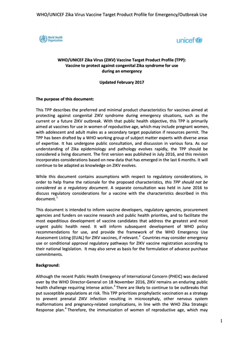 WHO/UNICEF Zika Virus (ZIKV) Vaccine Target Product Profile (TPP)