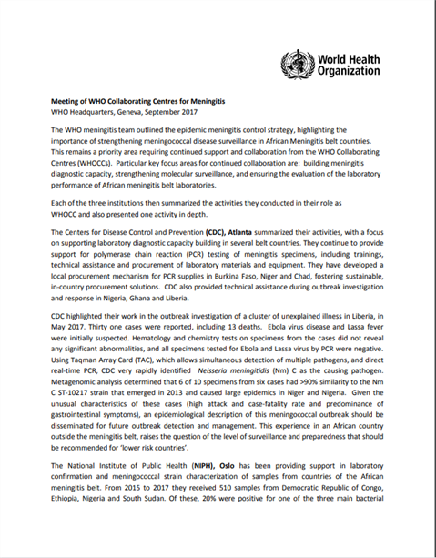 Meeting of WHO Collaborating Centres for Meningitis